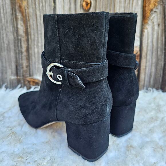 Black Suede Bootie Ann Taylor Breanna Size 6 Leather Harness Buckle Square Toe - Picture 5 of 13